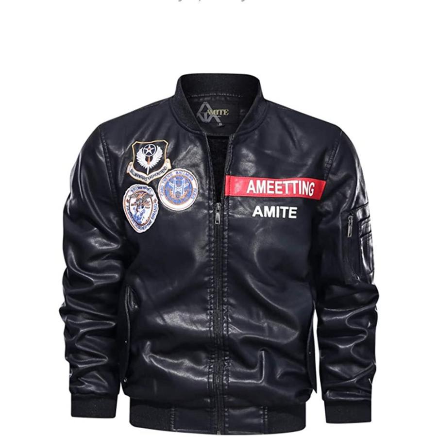 レザージャケット バイクジャケット ジャンパー ワッペン 防風 Pu革 裏毛 ライダース ファッション メンズ 正規