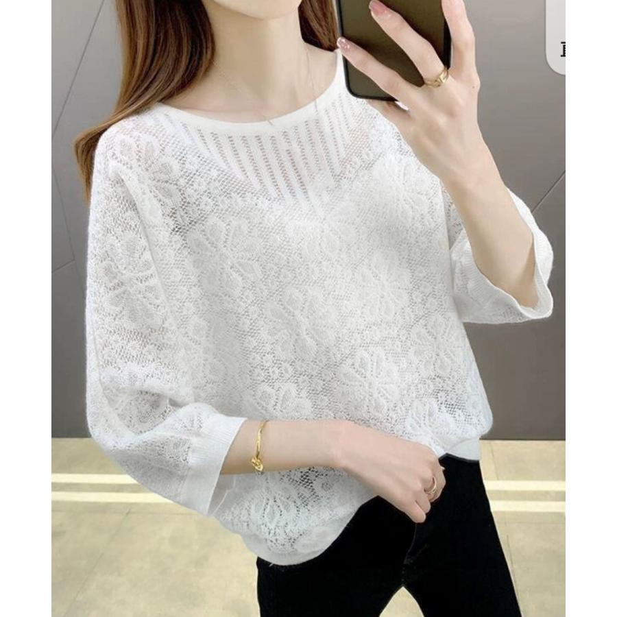 miniministore サマーニット 七分袖透かし編みトップス