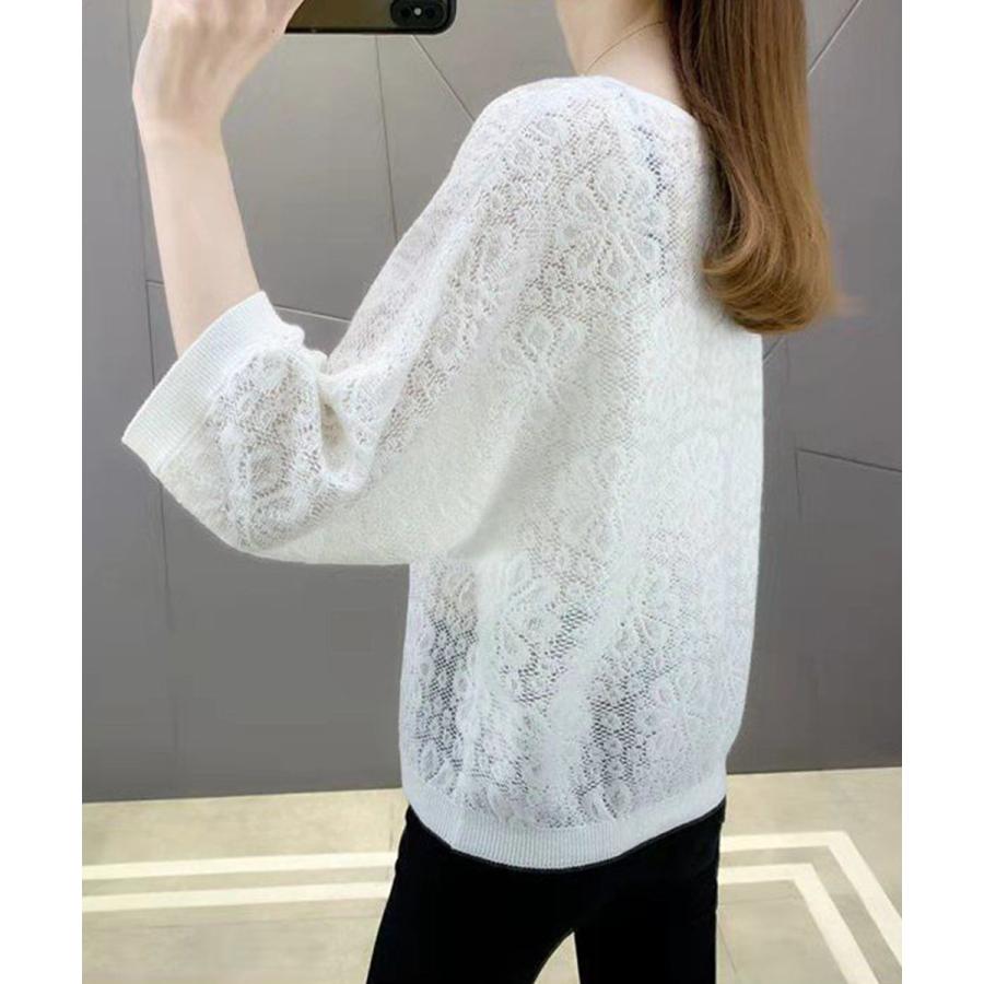 miniministore サマーニット 七分袖透かし編みトップス