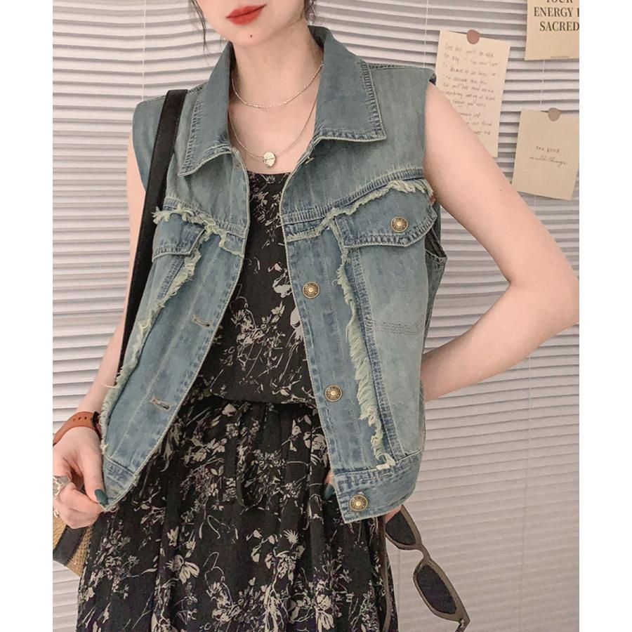 miniministore フリンジデニムベスト 襟付き デニムジレ【ゆう