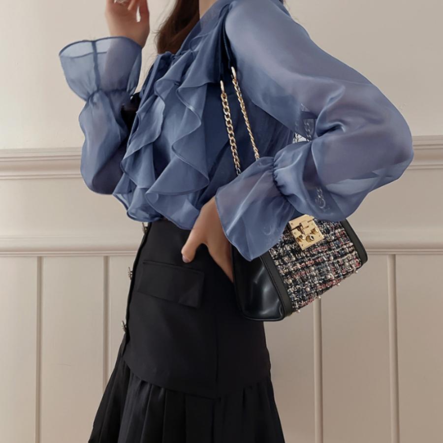 LIMI feu ネイビー フリル長袖シアートップス miniministore（ミニミニストア） フリルブラウス 長袖 シアートップス