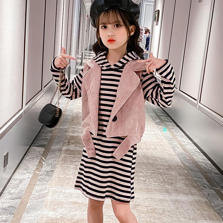 在庫限り売り尽くしセール キッズ 当店一番人気 子供服 女の子 ボーダー柄ワンピース 長袖 2点セット ベスト