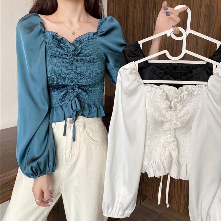 オフショルダー トップス 春 シャツブラウス デコルテ Vネック レディース 韓国ファッション シャーリング 長袖 ネコポス可 33cfm 001 Miniministore 通販 Yahoo ショッピング