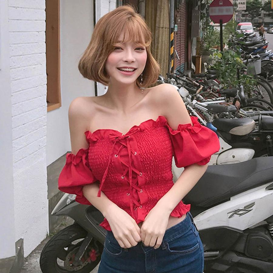 オフショルダー トップス レディース 春 パフスリーブ ブラウス 半袖 レースアップ ネコポスのみ 3odn 048 Miniministore 通販 Yahoo ショッピング