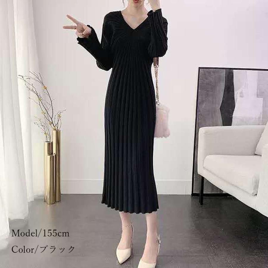 Vネック ワンピース レディース ニットワンピース 秋冬 長袖リブニット ミモレワンピ 膝丈下 フェミニン きれいめ pyxs 001 Miniministore 通販 Yahoo ショッピング