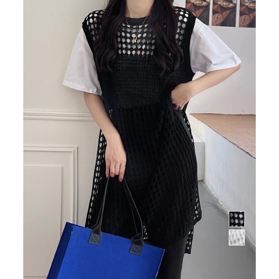 透かし編みロングベストサイドスリット夏服【在庫限り】売り尽くしセール【ネコポス投函】