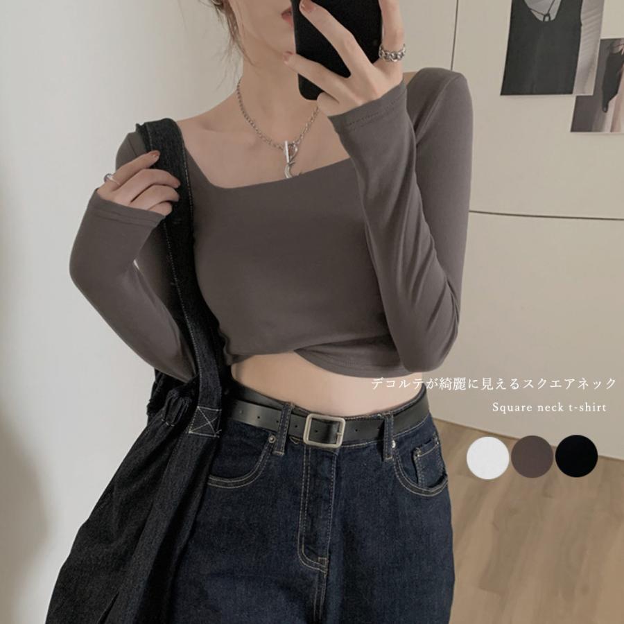 Tシャツ レディース 長袖 スクエアネック Tシャツカットソー セクシー ショートトップス 細見え スリムフィット 韓国風 ネコポス可 zhmengr 012 Miniministore 通販 Yahoo ショッピング