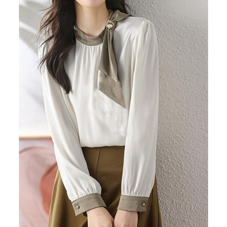 ボウ付き2WAYサテンブラウス miniministore ボウタイサテンブラウス バイカラーシャツ【在庫