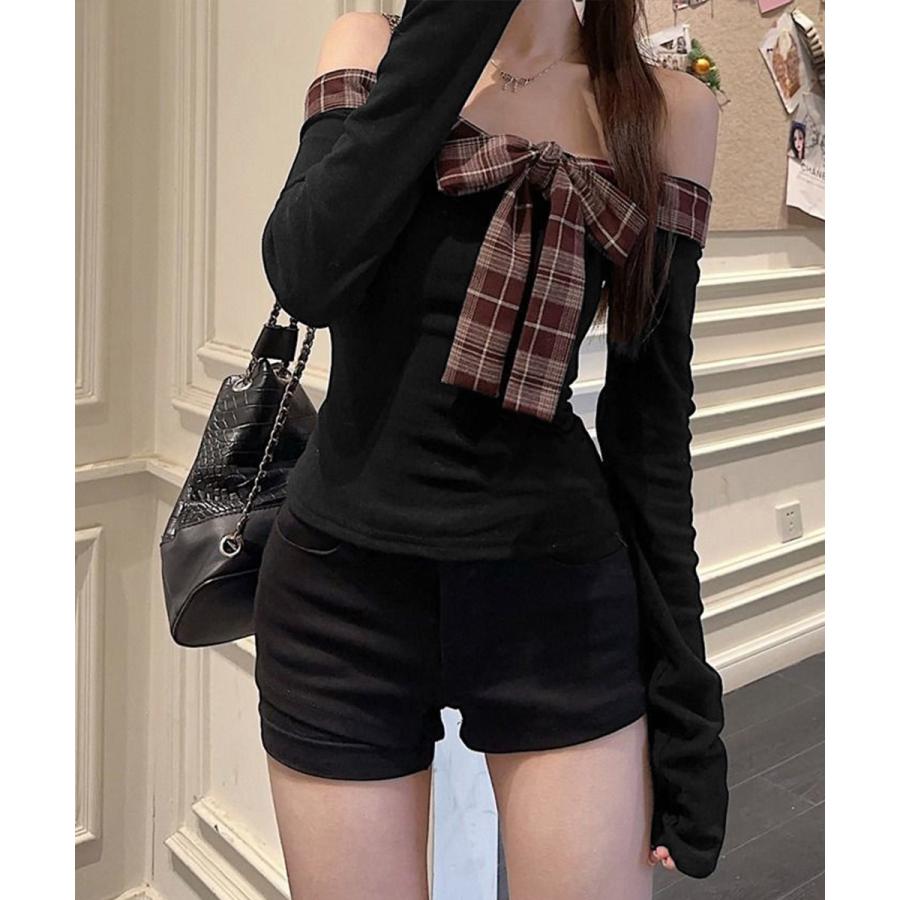 miniministore（ミニミニストア） オフショルダー長袖Tシャツチェック