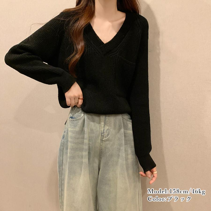 全3色 ニット セーター 着回し Vネック スーツ 普段着 上品 韓国 Vネックニットトップス 胸ポケット韓国風[品番：II000009705