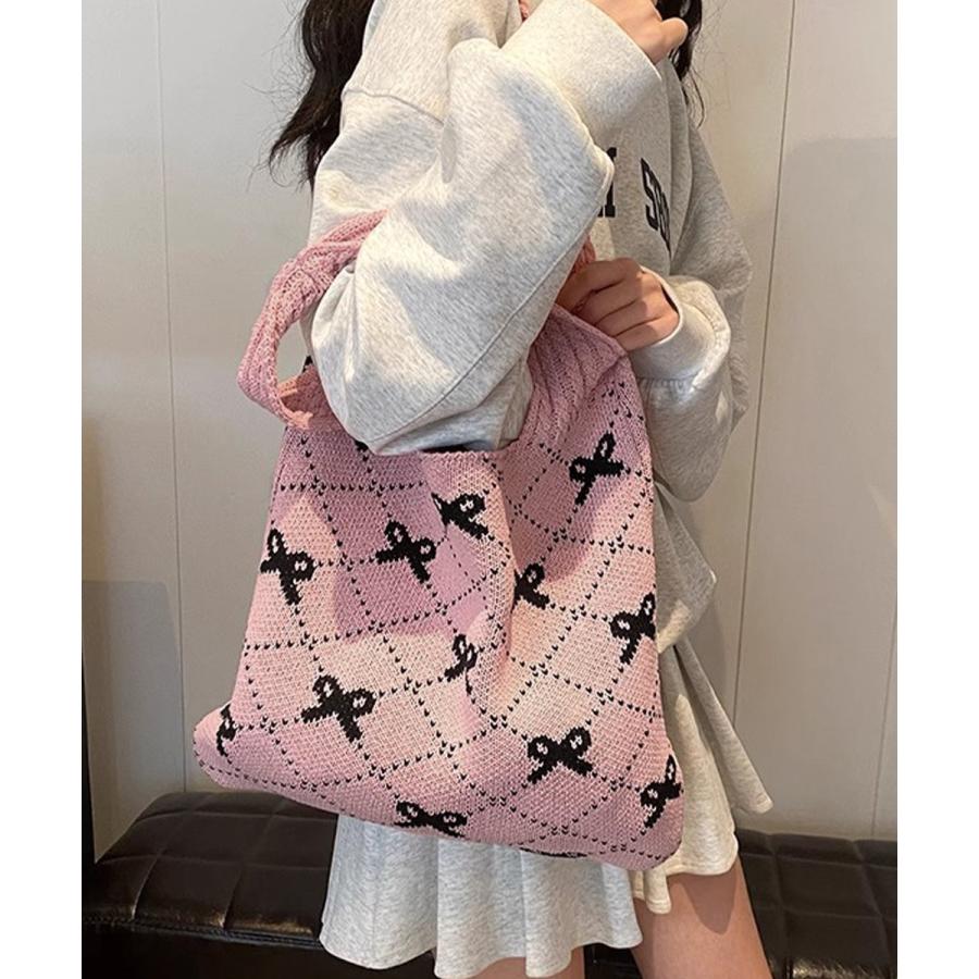 miniministore ニットトートバッグ リボン柄ニット編み鞄 miniministore ニットトートバッグ リボン柄ニット編み鞄