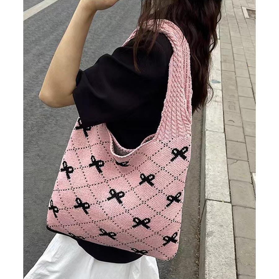 miniministore ニットトートバッグ リボン柄ニット編み鞄 miniministore ニットトートバッグ リボン柄ニット編み鞄