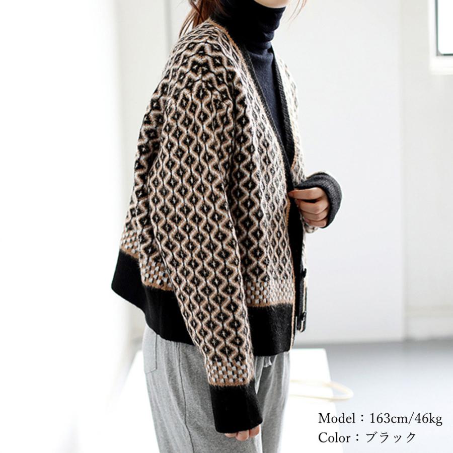 幾何学柄 ジャガードカーディガン レディース 配色ダイス柄 ニット