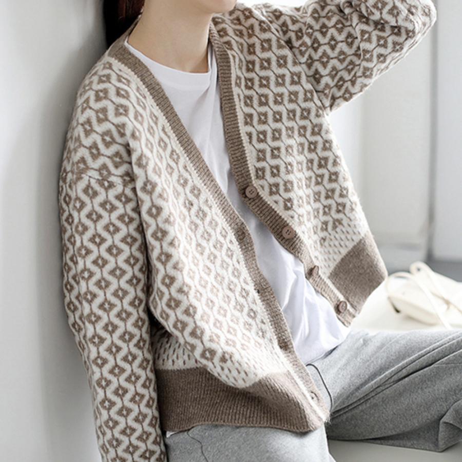 幾何学柄 ジャガードカーディガン レディース 配色ダイス柄 ニット