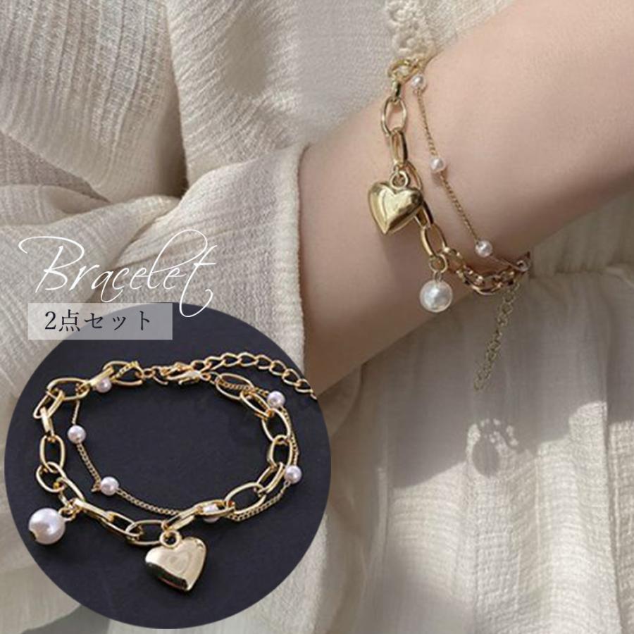 2連 ブレスレット レディース フェイクパール チェーンブレスレット アクセサリー 重ね付け おしゃれ ジュエリー ハート ネコポス可 86youjia 003 Miniministore 通販 Yahoo ショッピング