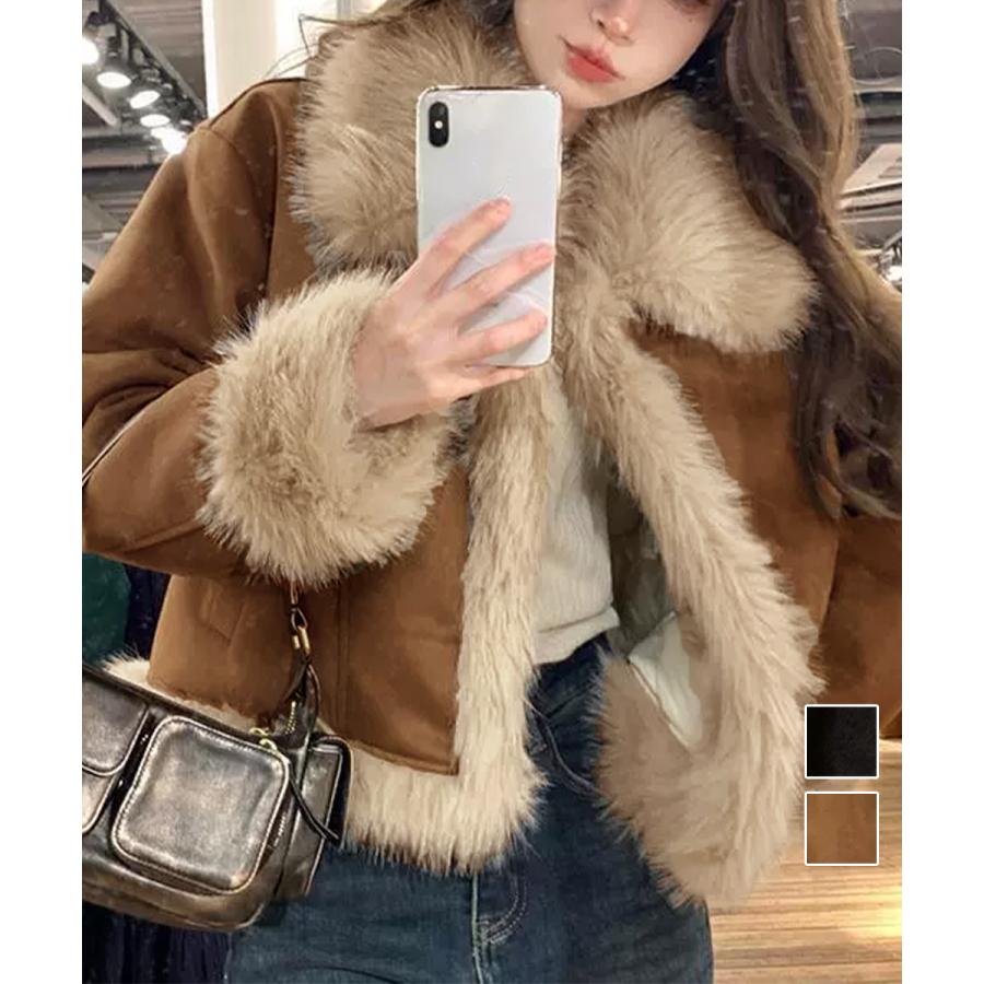 MINIMINISTORE ショートフェイクムートンジャケット 韓国風 レディース ボリュームファー 中綿ジャケット 暖かいスエードブルゾン 秋冬 アウター 92MEIERS-002 miniministore（ミニミニストア） ショートフェイクムートンジャケット