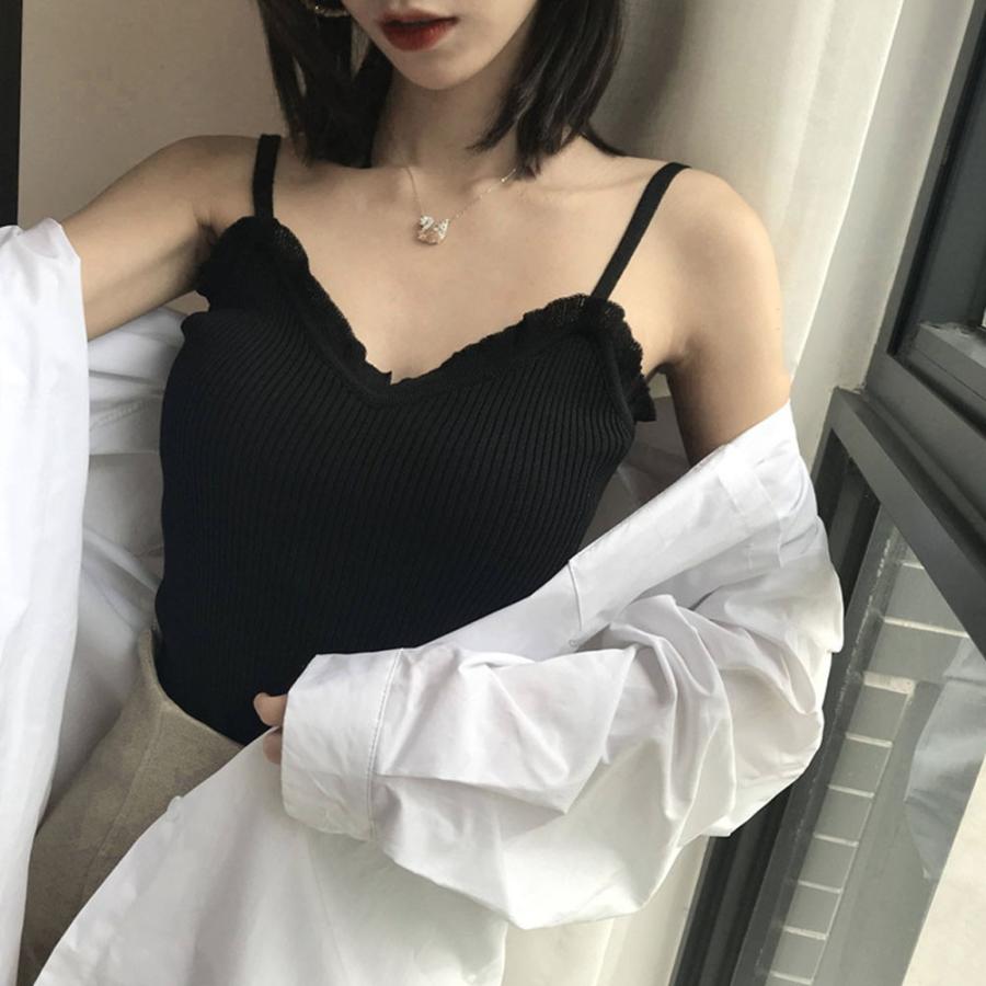 サマーニットキャミソール フリル リブニット Vネック キャミソール ノースリーブ 重ね着 インナー 夏 薄 ニット ネコポス可 Yueyue 001 Miniministore 通販 Yahoo ショッピング