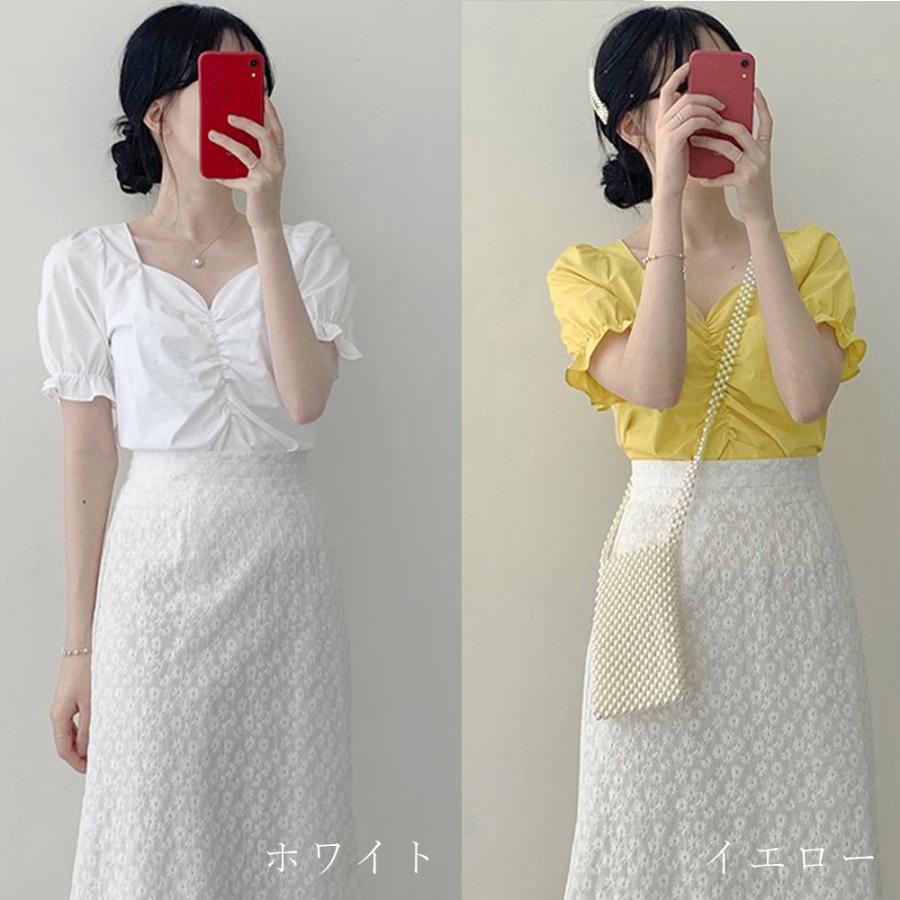 Vネック ギャザーブラウス レディース 半袖 トップス パフスリーブ 着やせ 高品質新品 カットソー シャツブラウス おしゃれ ショート丈
