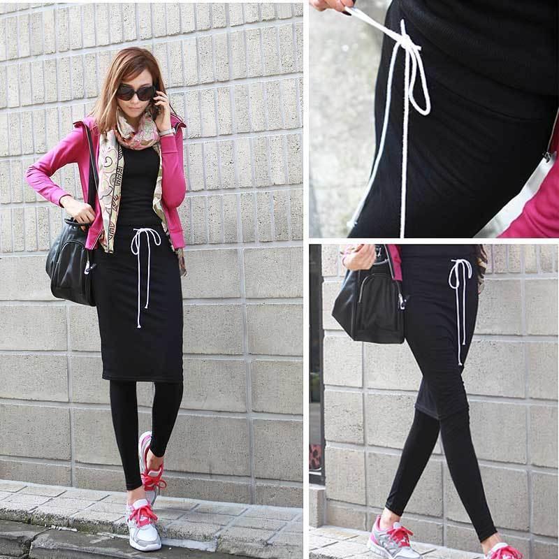 ミディアム丈スカート付レギンス/ウエスト紐ひざ丈スカートレギンス