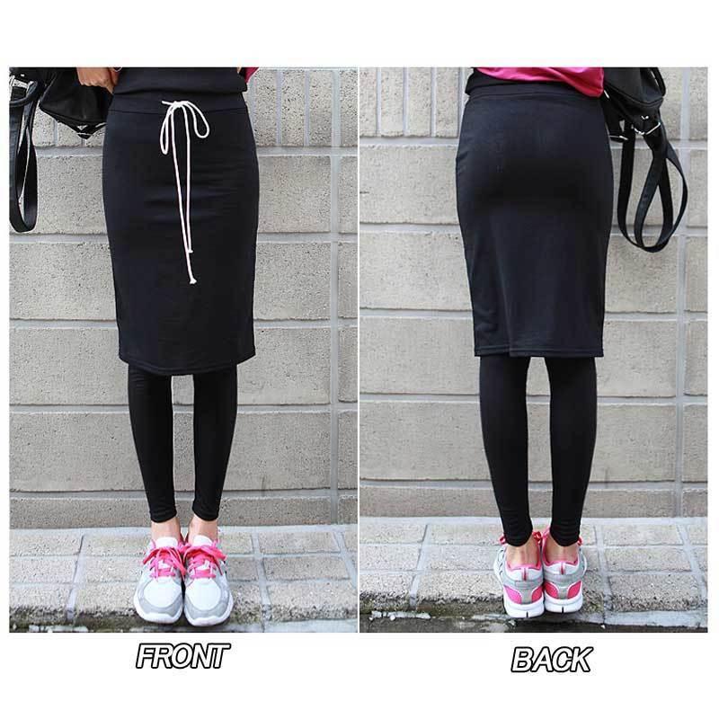 ミディアム丈スカート付レギンス/ウエスト紐ひざ丈スカートレギンス