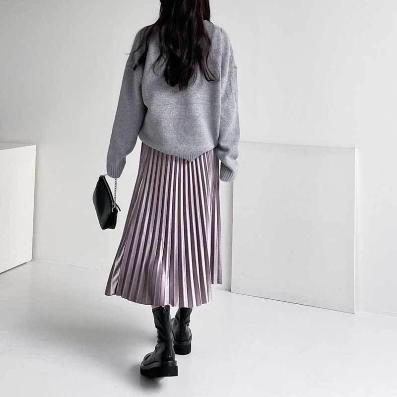 ベロア プリーツ スカート ミモレ丈 ウエストゴム ロングスカート