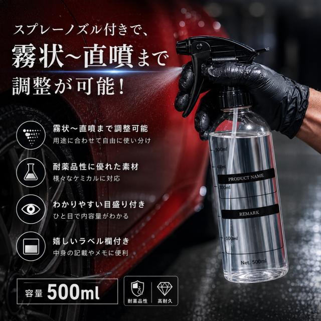 洗車 希釈用スプレーボトル 500ml 透明 目盛り付き 耐薬品 洗剤 除菌液
