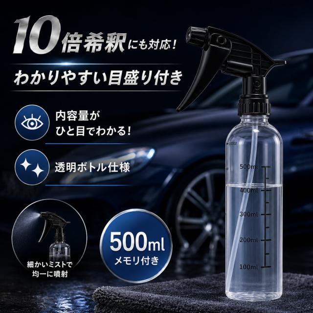 洗車 希釈用スプレーボトル 3個セット 500ml 透明 目盛り付き 耐薬品
