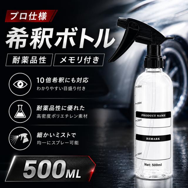 洗車 希釈用スプレーボトル 3個セット 500ml 透明 目盛り付き 耐薬品