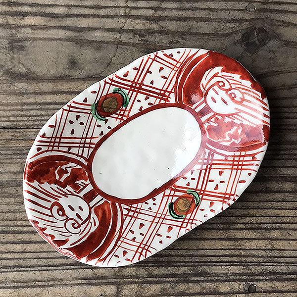 瀬戸焼　粉引き　刷毛目　赤絵　大皿揃　４枚セット　楕円皿　盛皿　土物　和皿　和柄 赤絵間取双子皿 和食器 楕円皿 業務用 約18.3cm 和食 和風 天ぷら