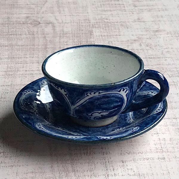 氷雪唐草 青コーヒー碗皿 手描き 和食器 コーヒー碗・受皿 業務用 和風
