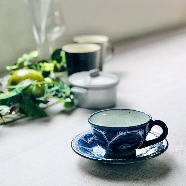 氷雪唐草 青コーヒー碗皿 手描き 和食器 コーヒー碗・受皿 業務用 和風