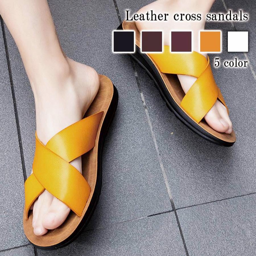 レザー厚底サンダルクロスシンプルデザイン上品 サンダル メンズ レザークロスサンダル 安い 20代 人気 40代 30