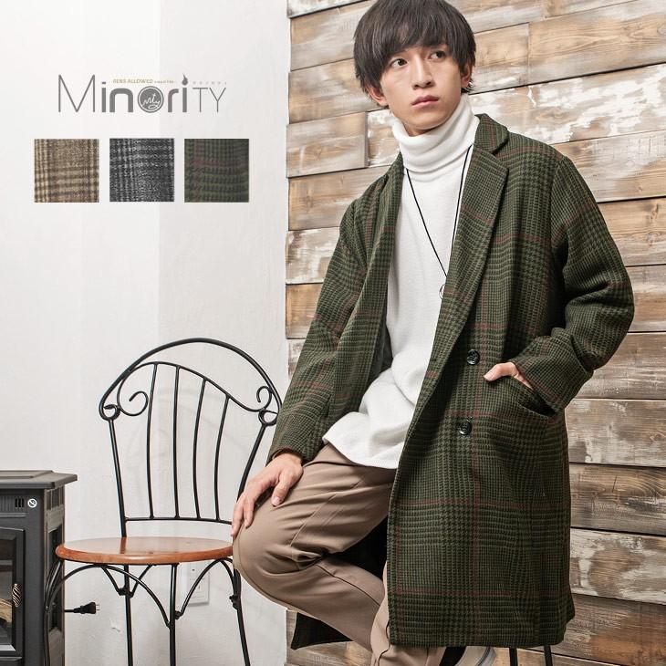 送料無料 チェスターコート メンズ グレンチェック コート チェック ビッグシルエット ダブルチェスター 春服 春 夏服 春夏 61332 Minority Yahoo 店 通販 Yahoo ショッピング