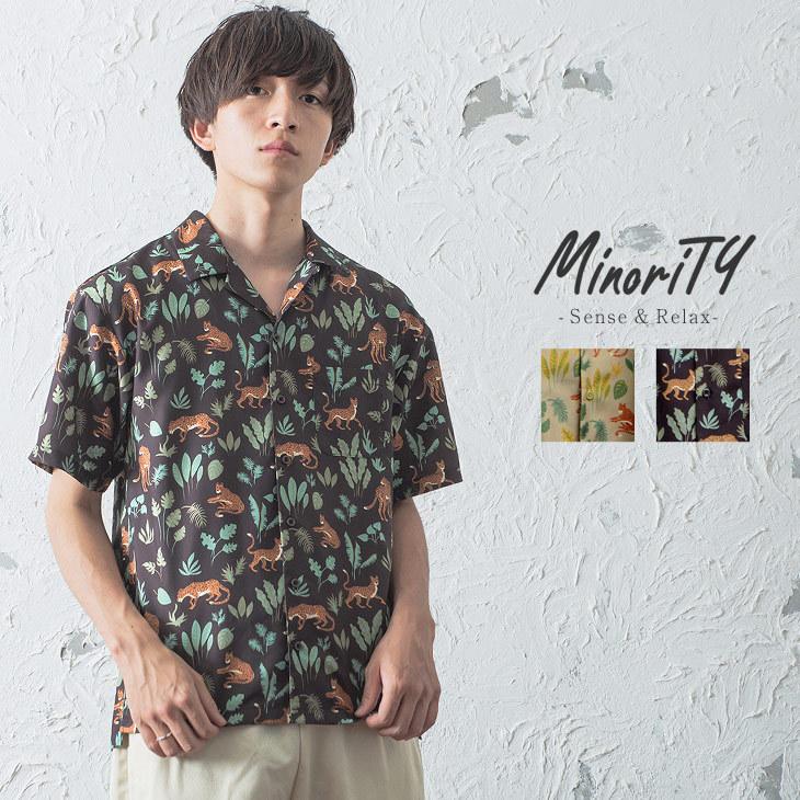 5 2 日 はポイント5倍 オープンカラーシャツ メンズ 半袖 シャツ 半袖シャツ メンズ 開襟シャツ アニマル柄 総柄 ボタニカル柄 カジュアル シャツ 夏服 夏 Minority Yahoo 店 通販 Yahoo ショッピング