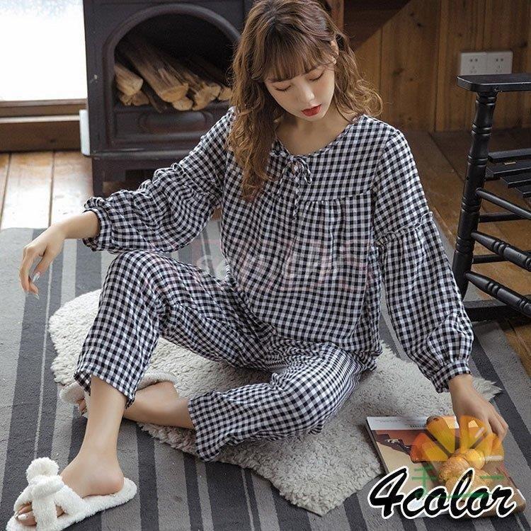 パジャマ ルームウェア レディース 春夏秋 長袖パジャマ 綿ルームウェア チェック柄上下セット 韓国風 大人可愛い 部屋着 寝巻きカジュアル オシャレ ギフト Pbeu3bd0fv Anzanatitlan Org
