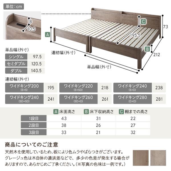 ワイドキング 240(SD+SD) ボンネルコイルマットレス付き ブラック 連結 頑丈 すのこ 棚付き コンセント付き 高さ調整可 耐荷重650kg 【大きい】 木製 組立品