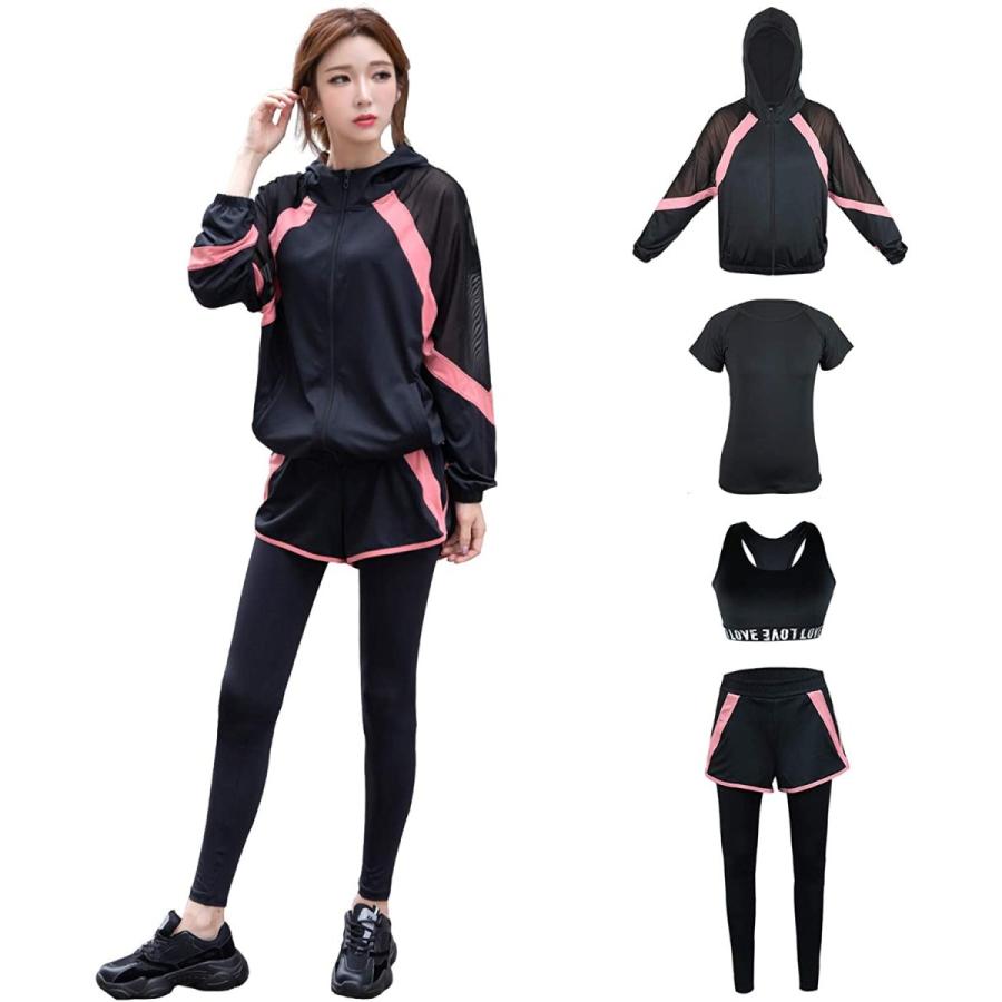 1462円 超爆安 スポーツウェア レディース ヨガウェア 上下セット 5点セットウェア フィットネス ジャージ スポーツブラ ロングタイツ パーカー 半袖 短パンツ