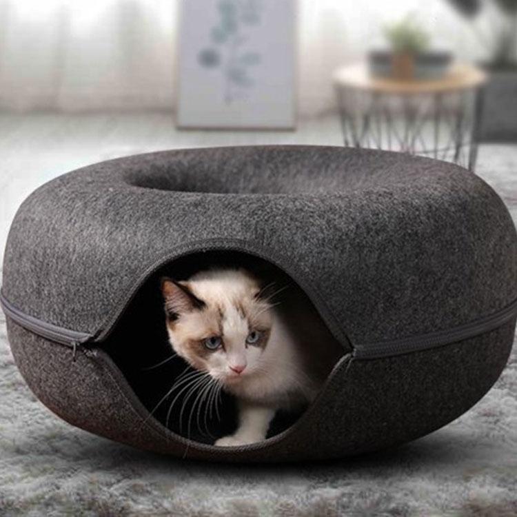 猫 トンネル ドーナツ型 ハウス ペット ベッド おもちゃ ネコ トンネル 猫 ベッド ドーム型 キャットハウス 猫ハウス フェルト製 50*50*2｜mintjams｜04