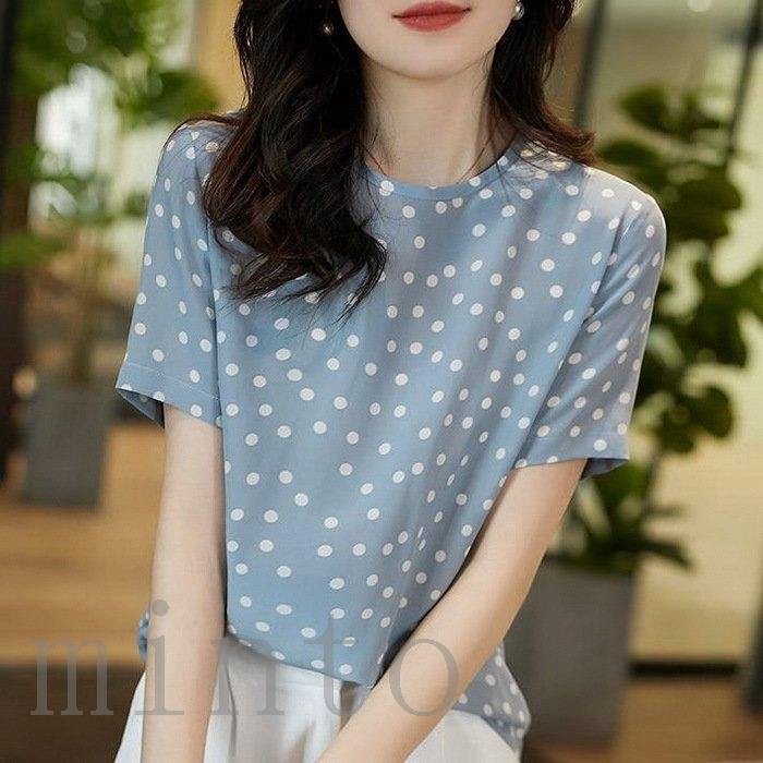 正規品販売 カジュアル 半袖トップス Tシャツ 上品 ドット柄 おしゃれ シフォンブラウス オシャレブラウス 春夏 40代 レディース ブラウス 通勤 50代 30代 ゆったりtシャツ 半袖 Color ブルー Panero Shop