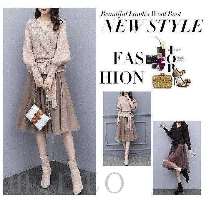 ニットワンピース セットアップ レディース 秋冬 長袖セーター スカート ワンピース きれいめ 膝丈 オシャレ 着痩せ 2色 通勤 二次会 60 Off 大きいサイズ 入学式