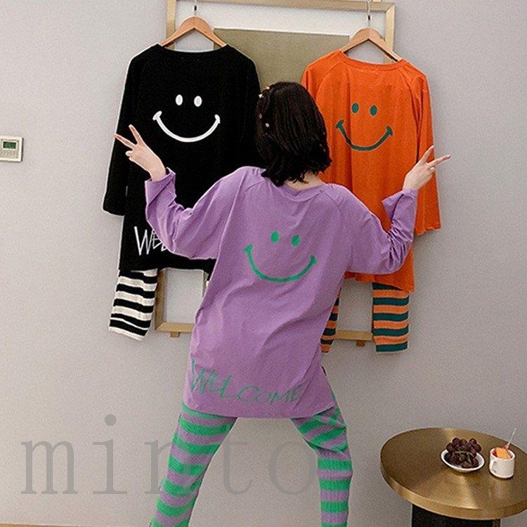 パジャマ ルームウェア レディース 春夏秋 長袖 パジャマ 綿ルームウェア 笑顔ボーダー柄 上下セットゆったり 可愛い パジャマ 女性 部屋着 寝巻き 3色 パジャマ サイズ F Vest Doctum Edu Br