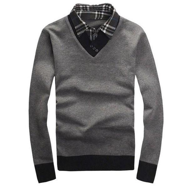 メンズお洒落重ね着風vネックニットセーター黒グレーm Xl二重襟付きニットセーター長袖スリム Xkungel Acveq406 Minto 通販 Yahoo ショッピング