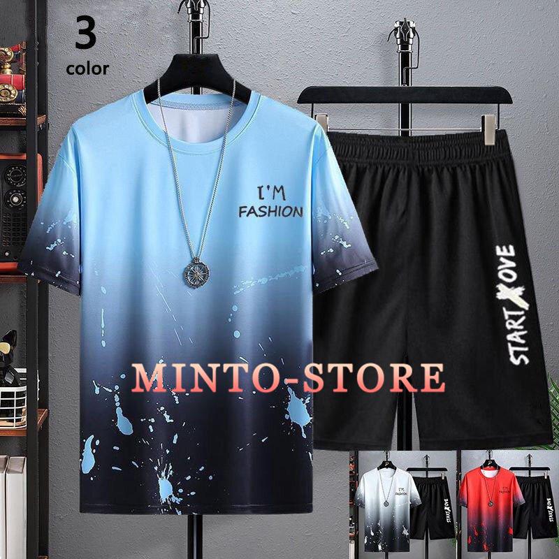 メンズセットアップジャージ 夏服 メンズ 半袖 セットアップ ジャージ上下 プリントtシャツ ハーフパンツ ルームウェア カジュアル ブルー 白 人気のファッションブランド