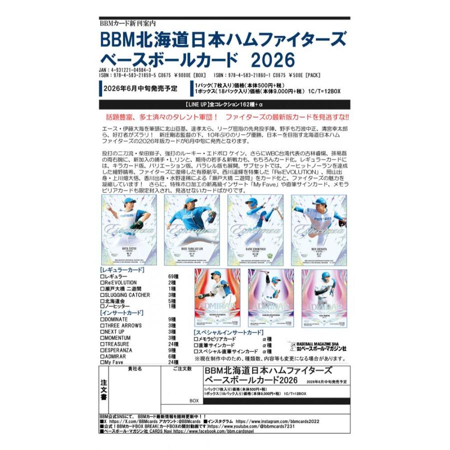 BBM 2026 北海道日本ハムファイターズ ベースボールカード[1カートン] |  | 01