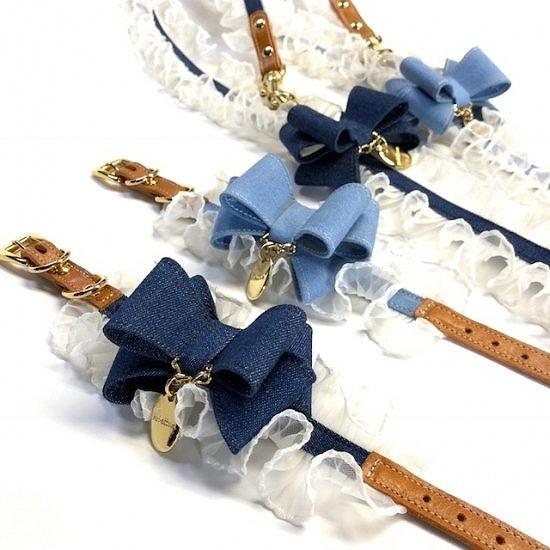 カラー＆リードセット 犬 おしゃれ かわいい 小型犬 中型犬 カラー リード デニムタックフリル 日本製 ミントタン minttan | 