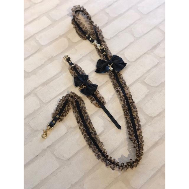 カラー＆リードセット 犬 おしゃれ かわいい 小型犬 中型犬 カラー リード レオパード柄フリルリボン 日本製 ミントタン minttan |  | 01