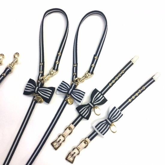 首輪＆リードセット 犬 おしゃれ かわいい 小型犬 中型犬 首輪 リード ボーダーリボン 日本製 ミントタン minttan | 