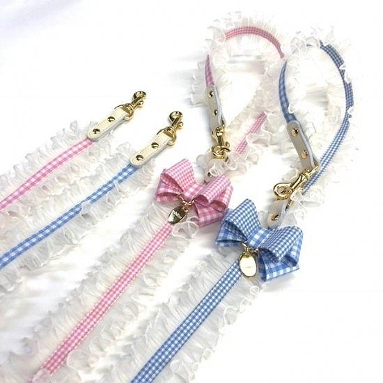 リード 犬 おしゃれ かわいい 小型犬 中型犬 ギンガムチェックタックフリルリボン 日本製 ミントタン minttan | 
