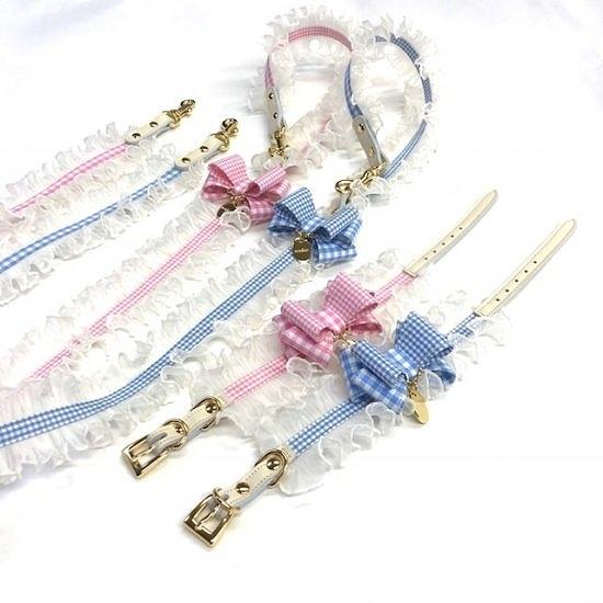 カラー＆リードセット 犬 おしゃれ かわいい 小型犬 中型犬 カラー リード ギンガムチェックタックフリル 日本製 ミントタン minttan | 