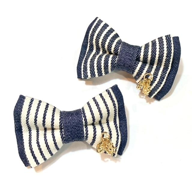 バレッタ 犬 おしゃれ かわいい 小型犬 中型犬 ヒッコリー リボンバレッタ チャーム付き 日本製 デニム＆デニム denim&denim ミントタン minttan |  | 02